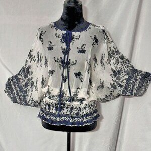 DaNang Batwing Navy and White, BoHo Blouse, Gathered Waist, Tie Neck, Size Large